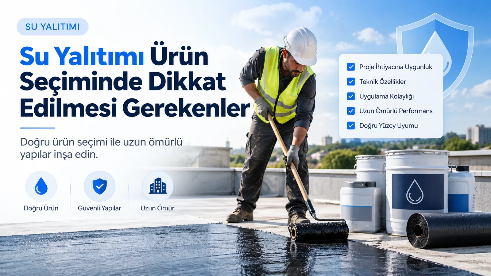 Teras yüzeyinde rulo ile sürme su yalıtımı uygulayan usta ve malzeme kovaları